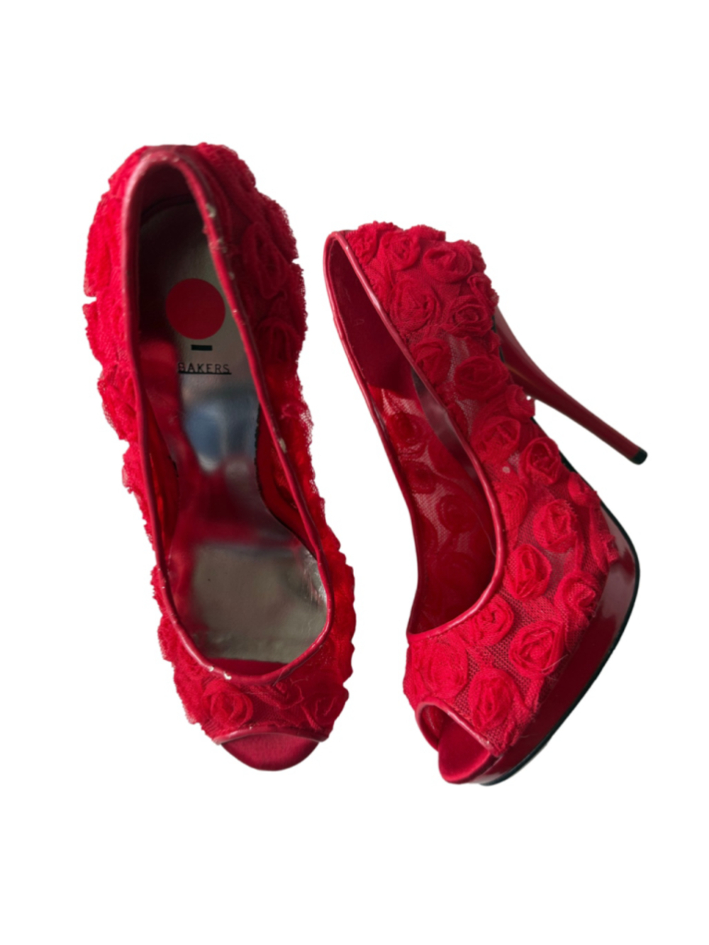 Bakers Red Peep Toe High Heel Pumps Textured Rose Embellishments size 7